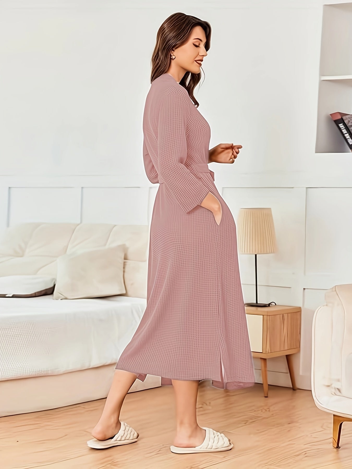 Peignoir éponge long femme ceinturé coupe kimono