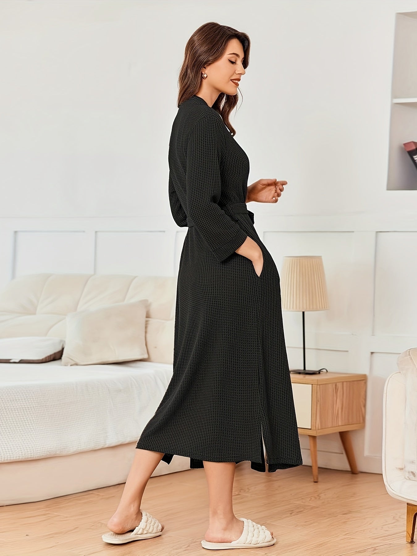 Peignoir éponge long femme ceinturé coupe kimono