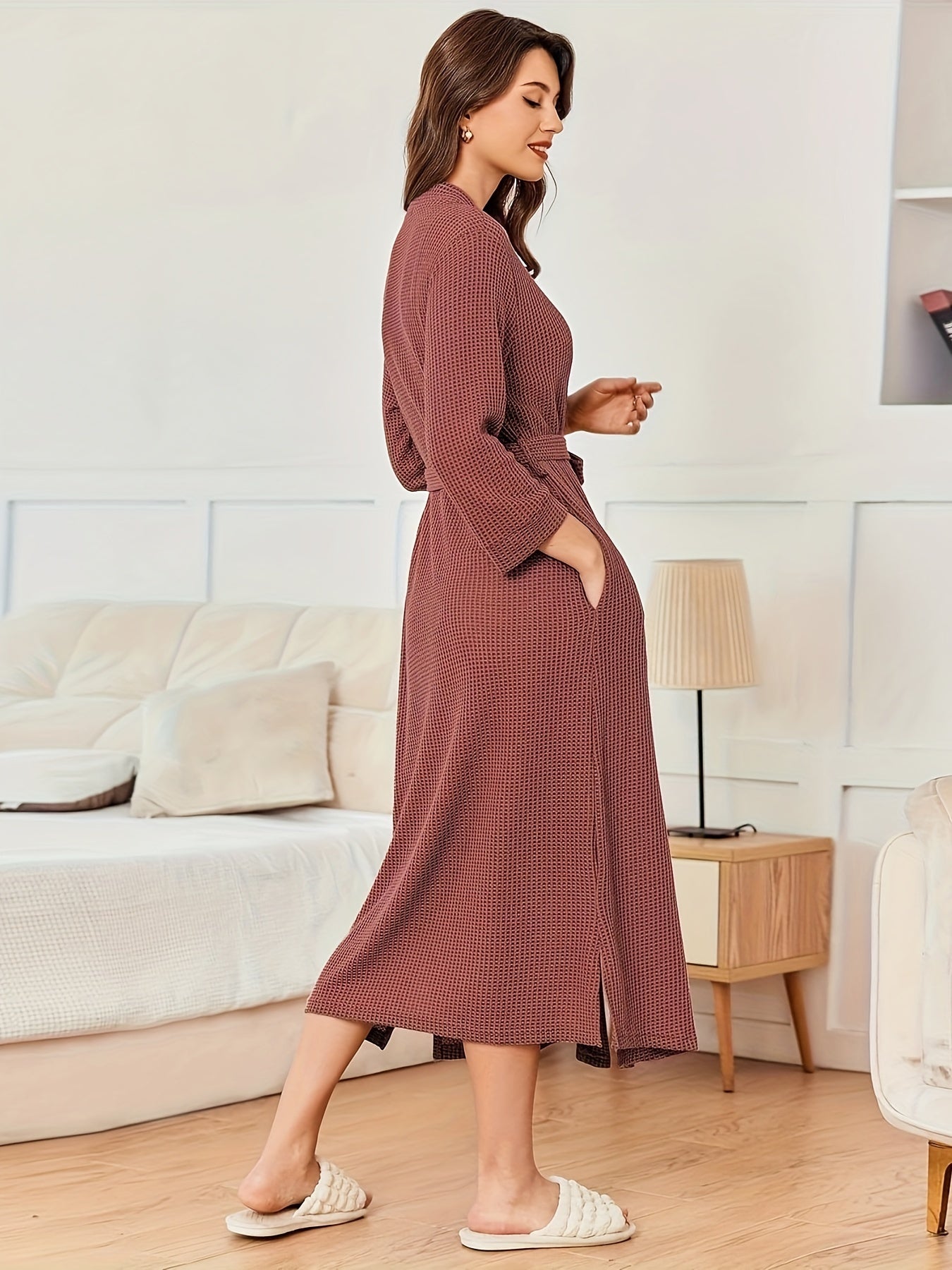 Peignoir éponge long femme ceinturé coupe kimono