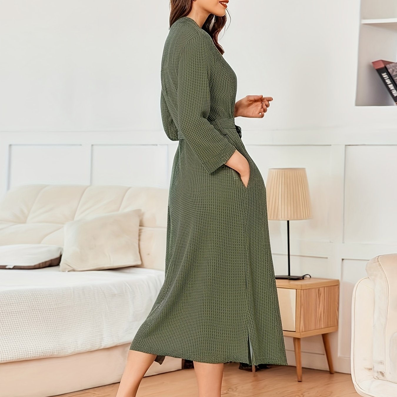 Peignoir éponge long femme ceinturé coupe kimono