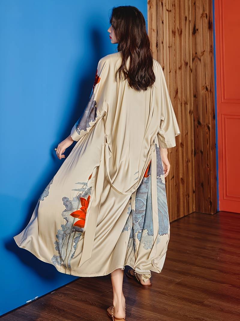 Long Peignoir Kimono Floral en Satin