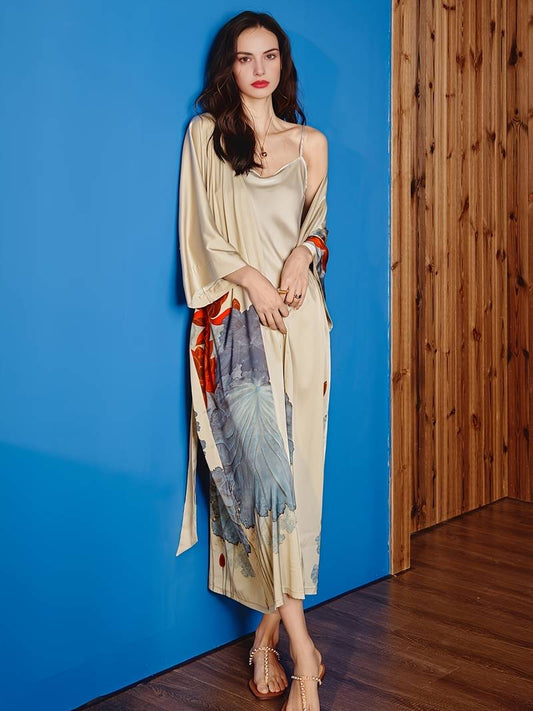 Long Peignoir Kimono Floral en Satin