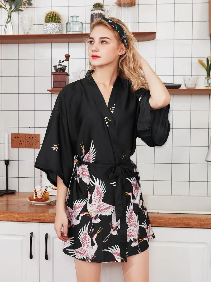 Peignoir Élégante Kimono avec Imprimé Grue