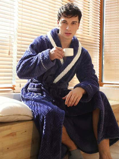 Peignoir homme long en velours effet nid d’abeille avec col châle