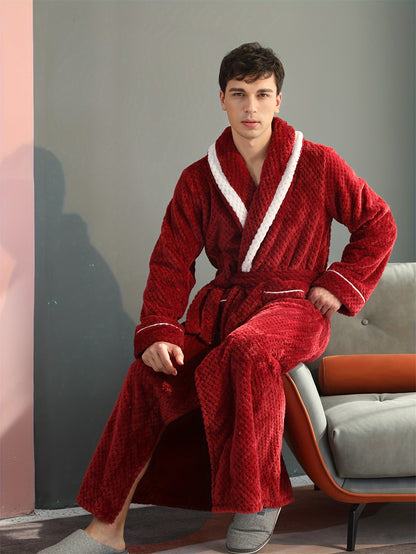 Peignoir homme long en velours effet nid d’abeille avec col châle