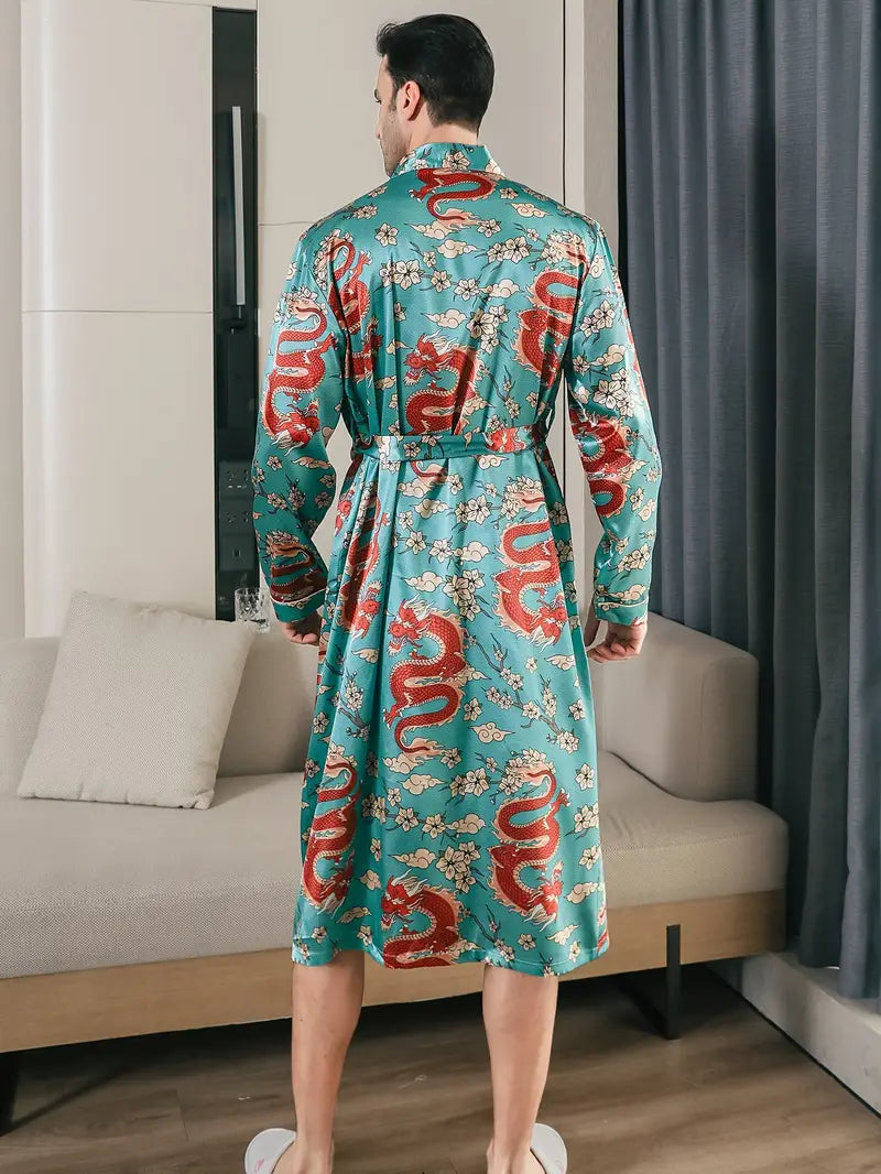 Peignoir de Luxe Turquoise à Motif De Dragon