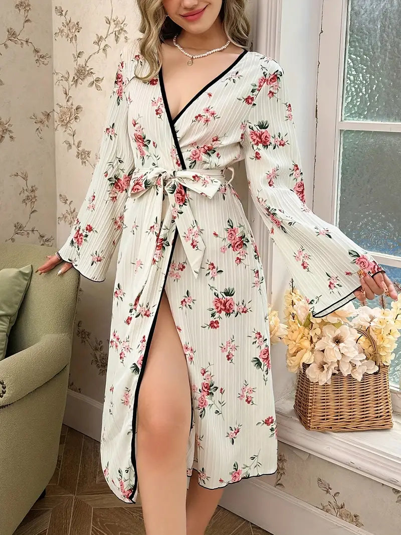 Peignoir Kimono Floral avec Bordure