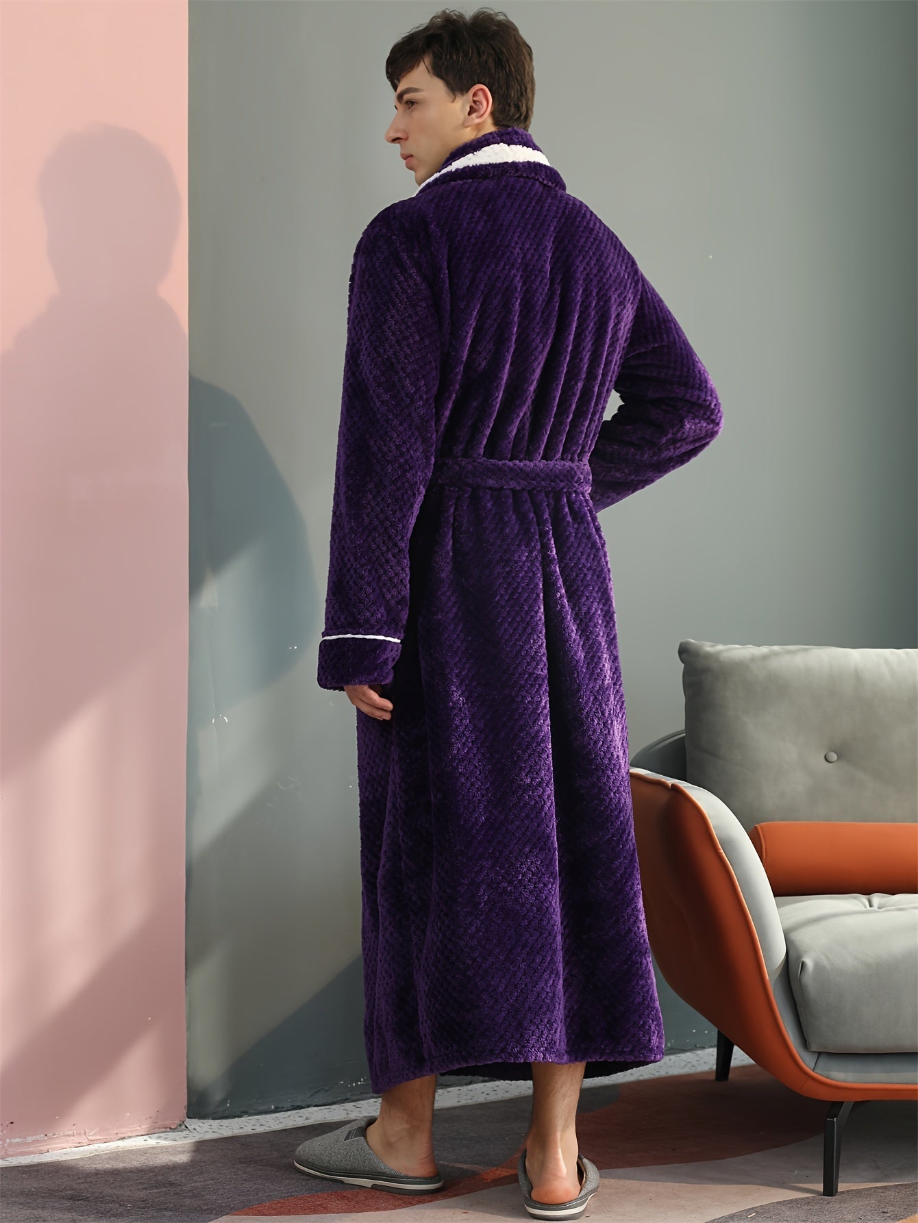 Peignoir homme long en velours effet nid d’abeille avec col châle