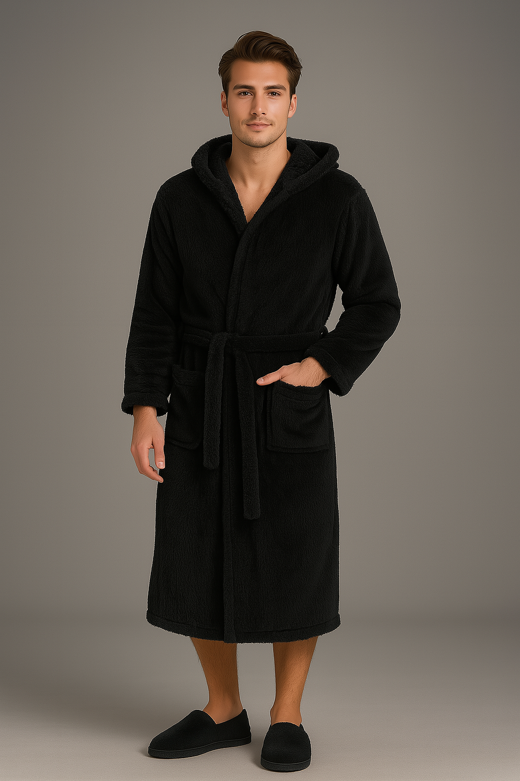 Peignoir homme court à capuche en tissu éponge moelleux