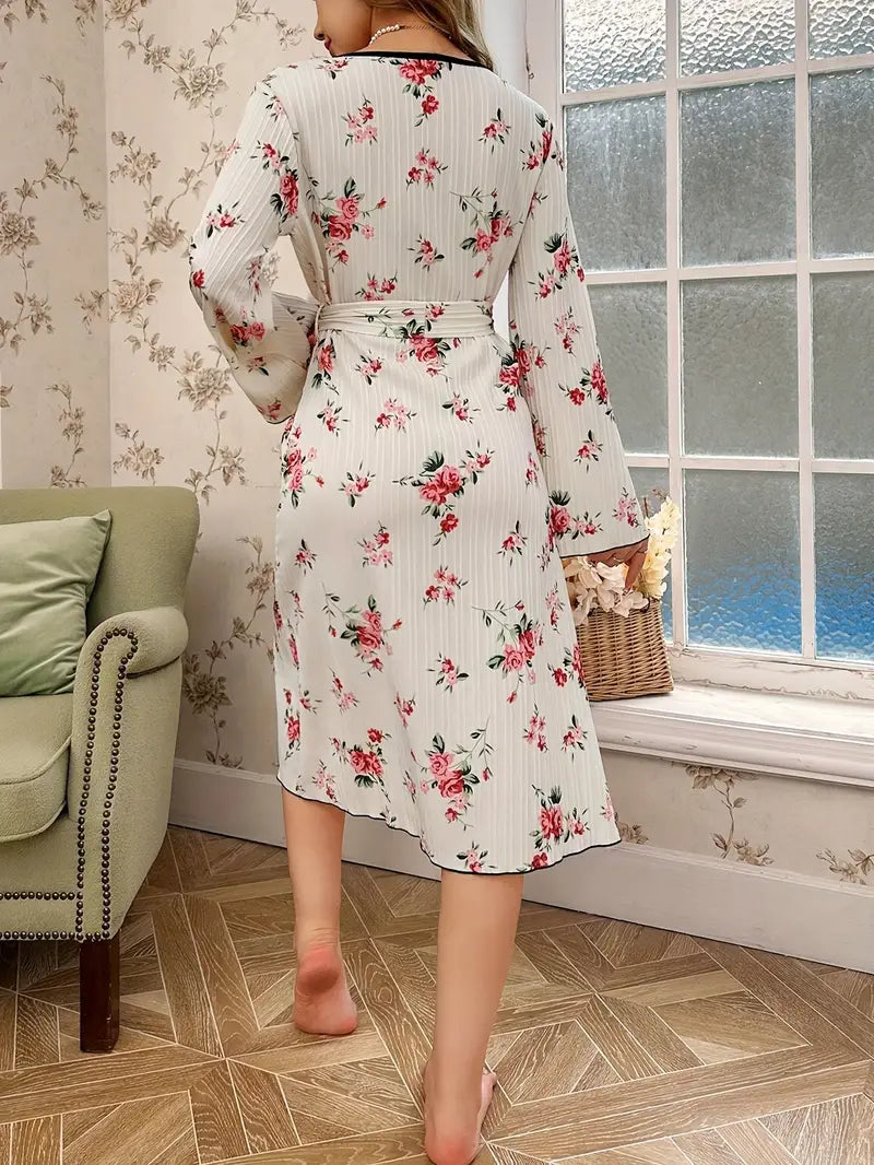 Peignoir Kimono Floral avec Bordure