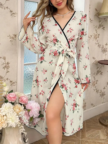 Peignoir Kimono Floral avec Bordure