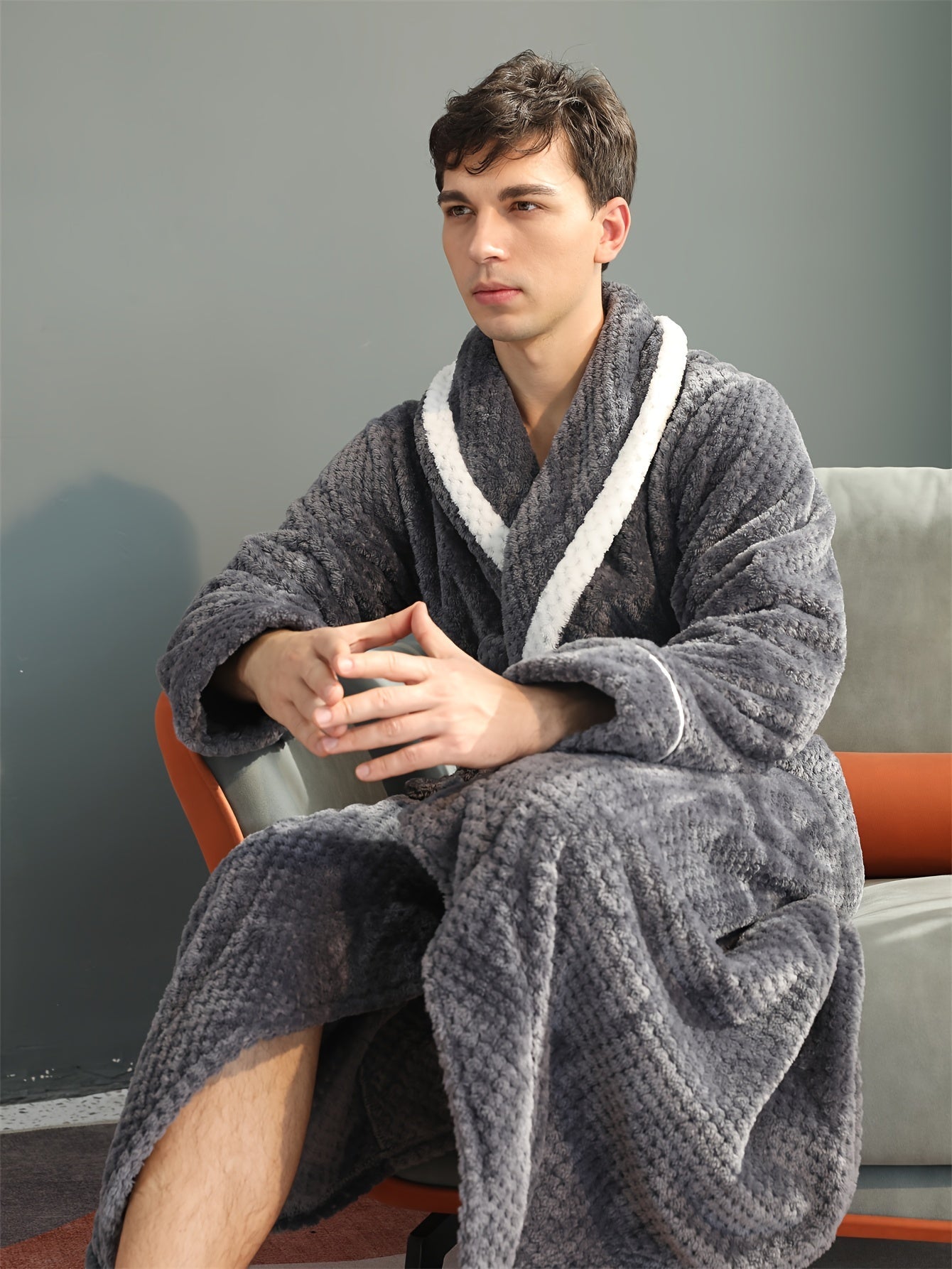 Peignoir homme long en velours effet nid d’abeille avec col châle