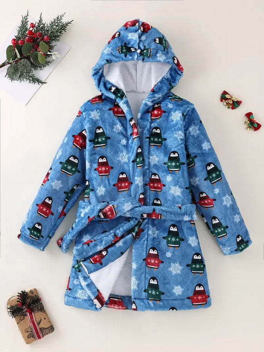 Peignoir de Bain Enfant Polaire avec Imprimée Pingouins