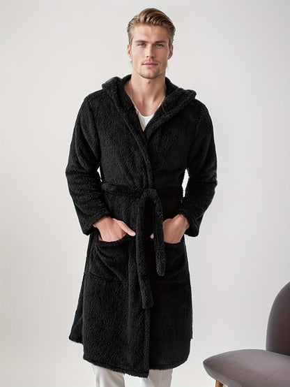 Peignoir homme court à capuche en tissu éponge moelleux