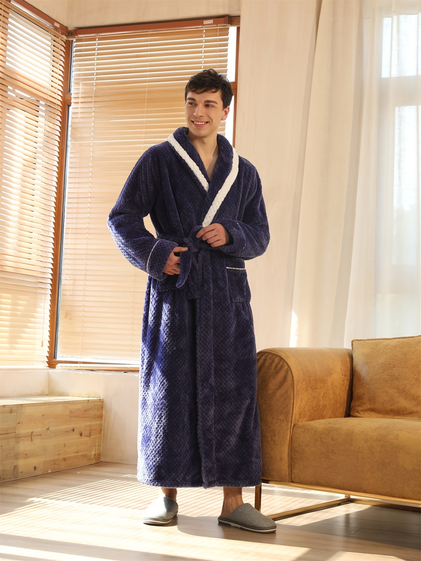 Peignoir homme long en velours effet nid d’abeille avec col châle