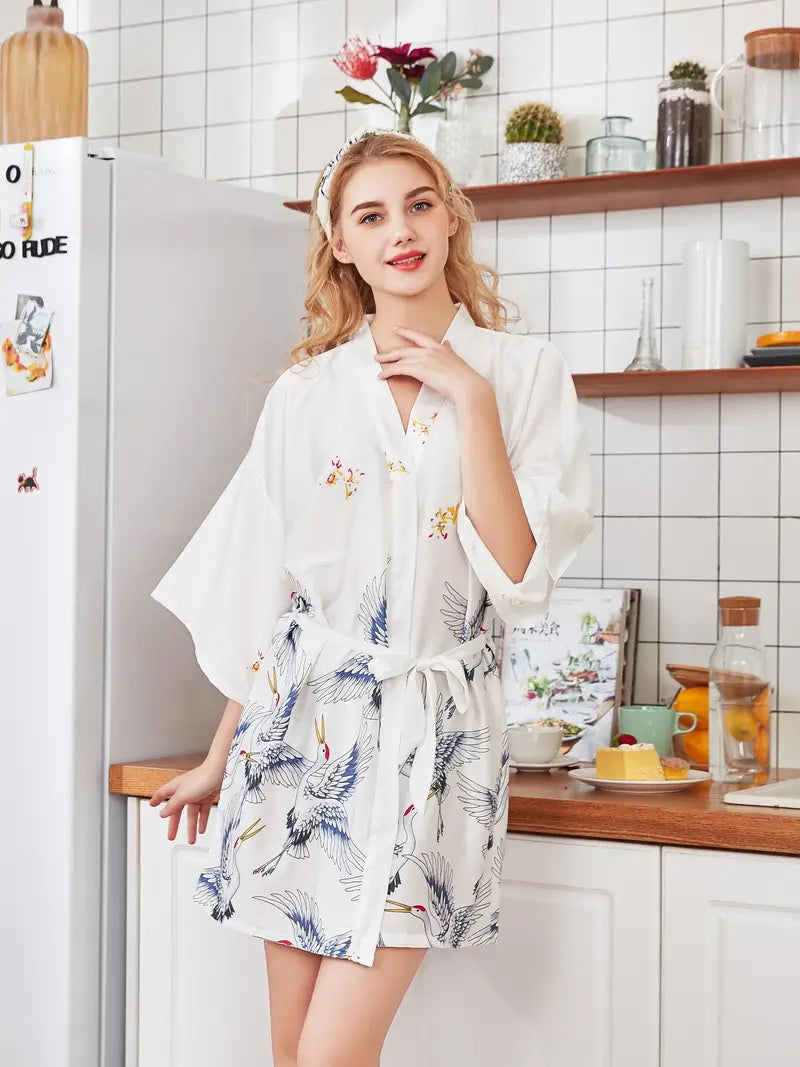 Peignoir Élégante Kimono avec Imprimé Grue
