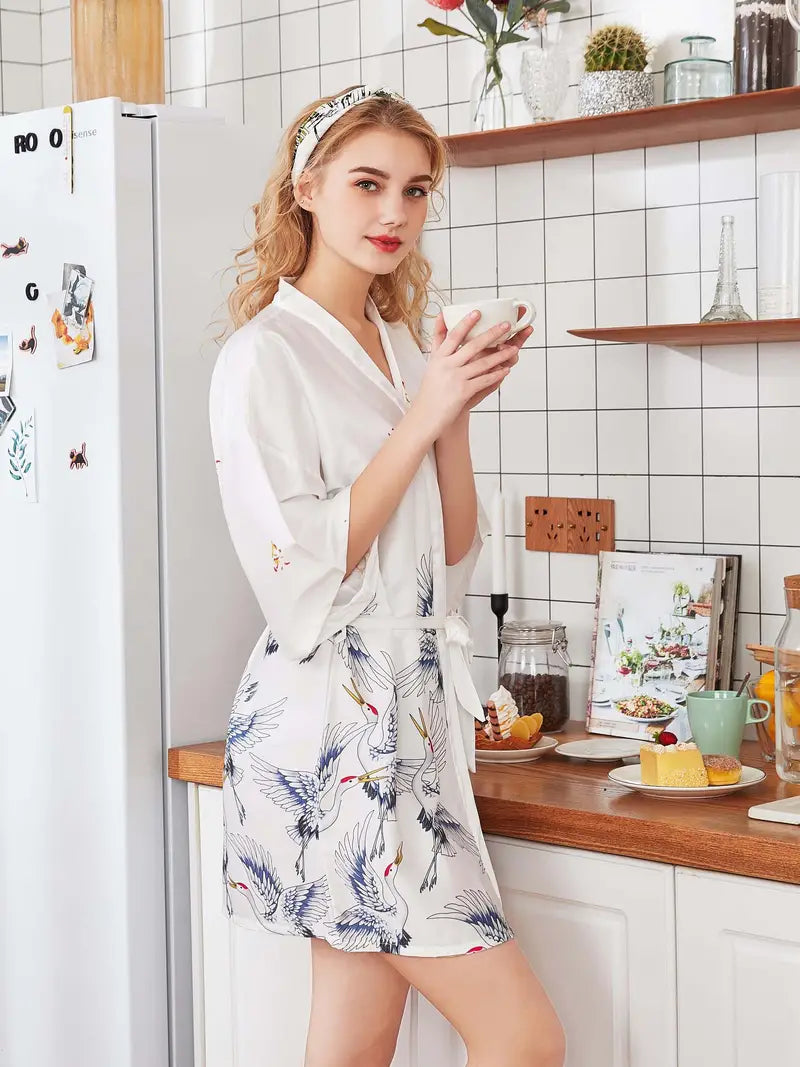 Peignoir Élégante Kimono avec Imprimé Grue
