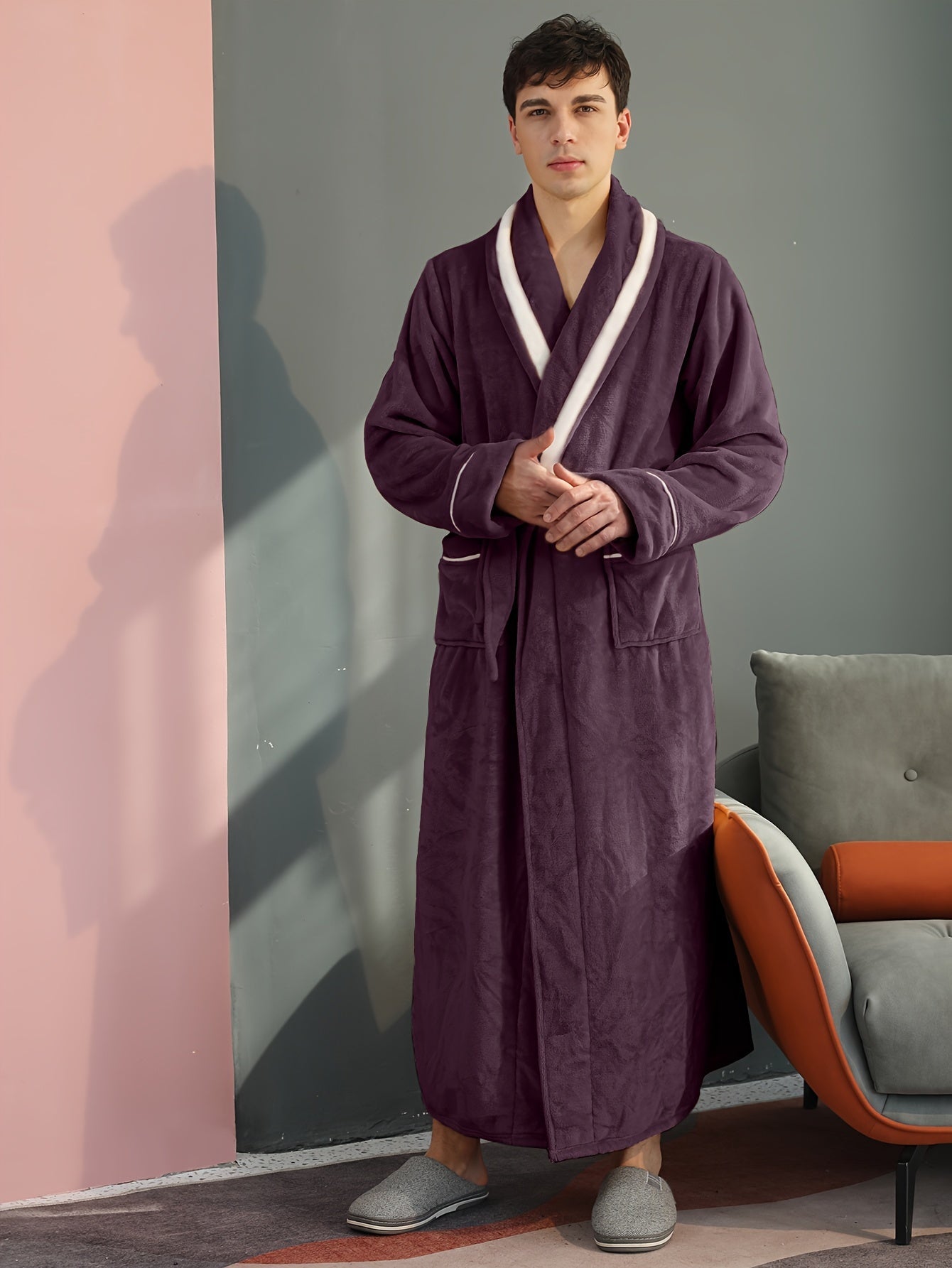 Peignoir homme long en velours effet nid d’abeille avec col châle